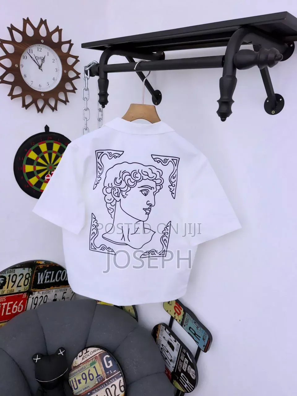 Black Short-Sleeve Button-Up Shirt With a Colorful Gothic-Style