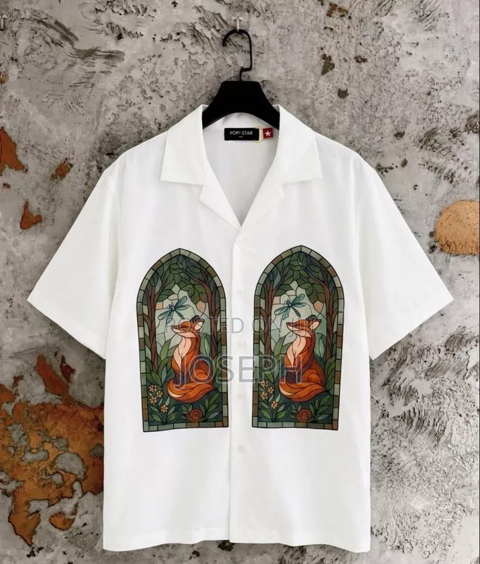 Black Short-Sleeve Button-Up Shirt With a Colorful Gothic-Style