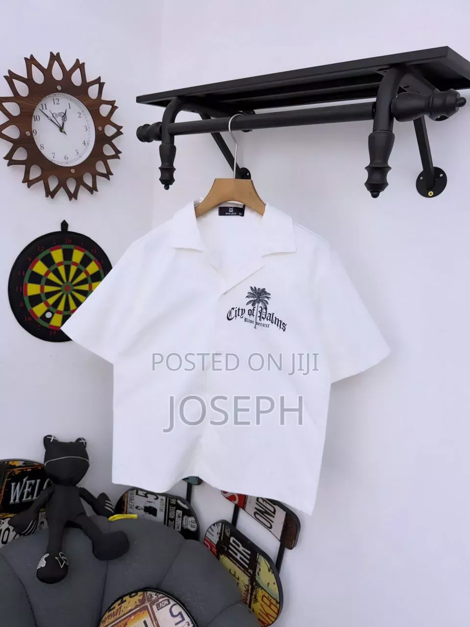 Black Short-Sleeve Button-Up Shirt With a Colorful Gothic-Style