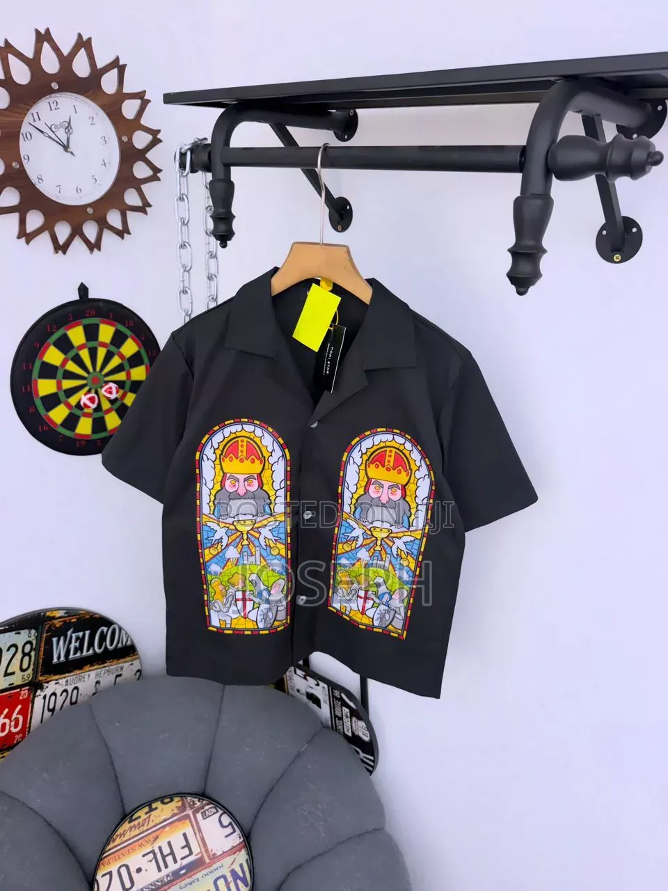 Black Short-Sleeve Button-Up Shirt With a Colorful Gothic-Style