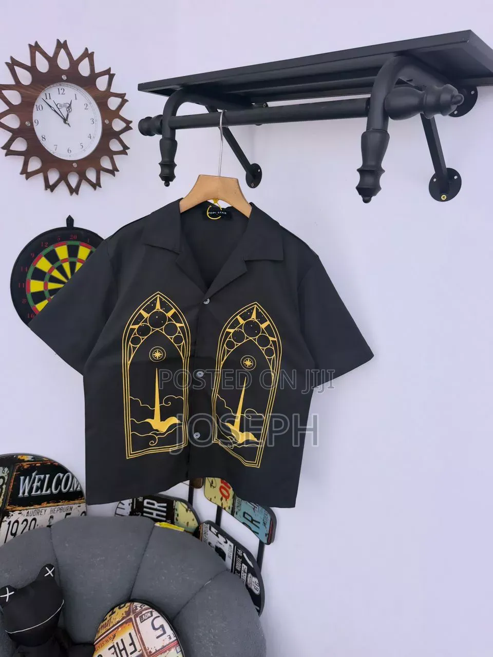 Black Short-Sleeve Button-Up Shirt With a Colorful Gothic-Style