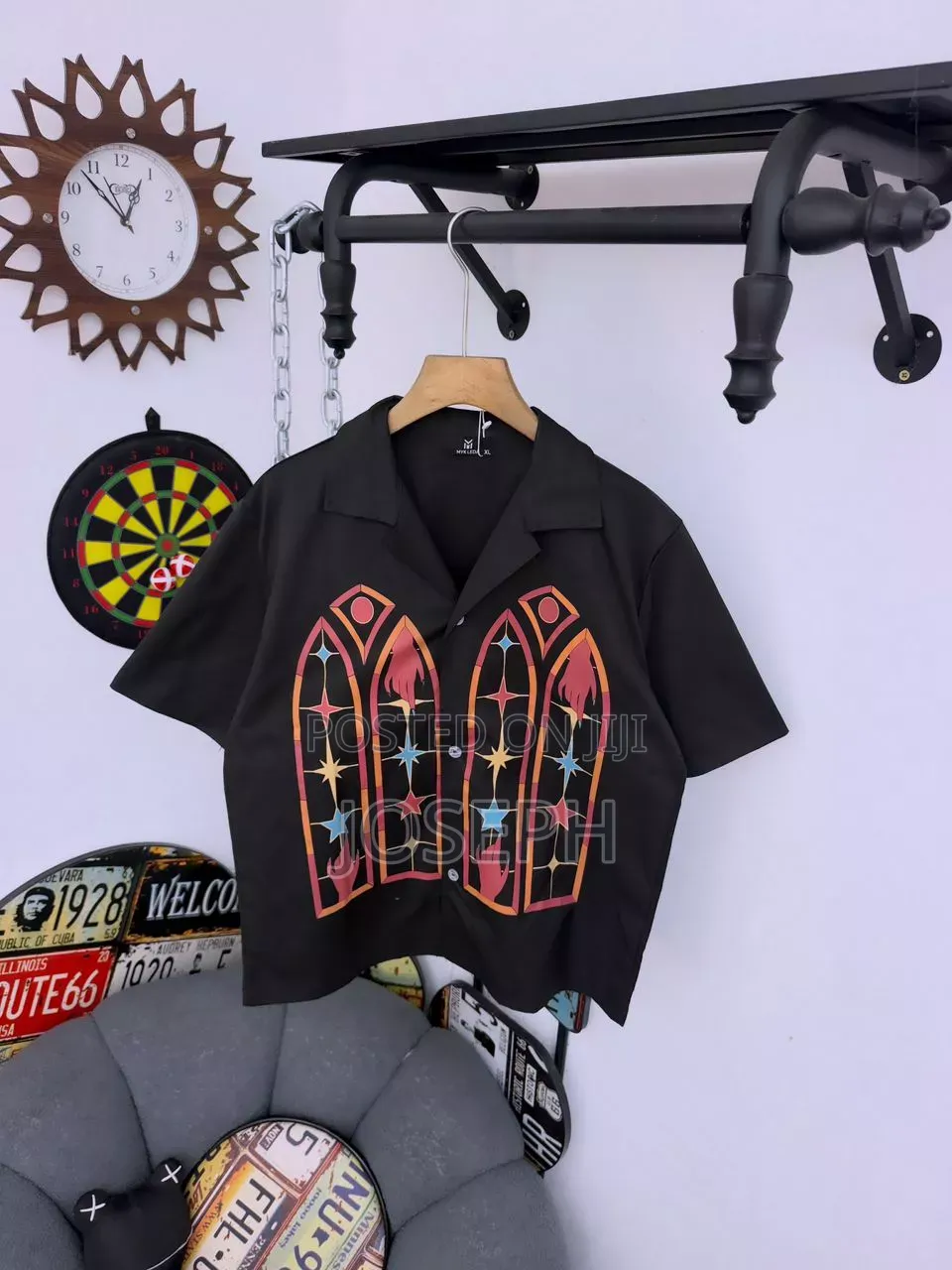 Black Short-Sleeve Button-Up Shirt With a Colorful Gothic-Style