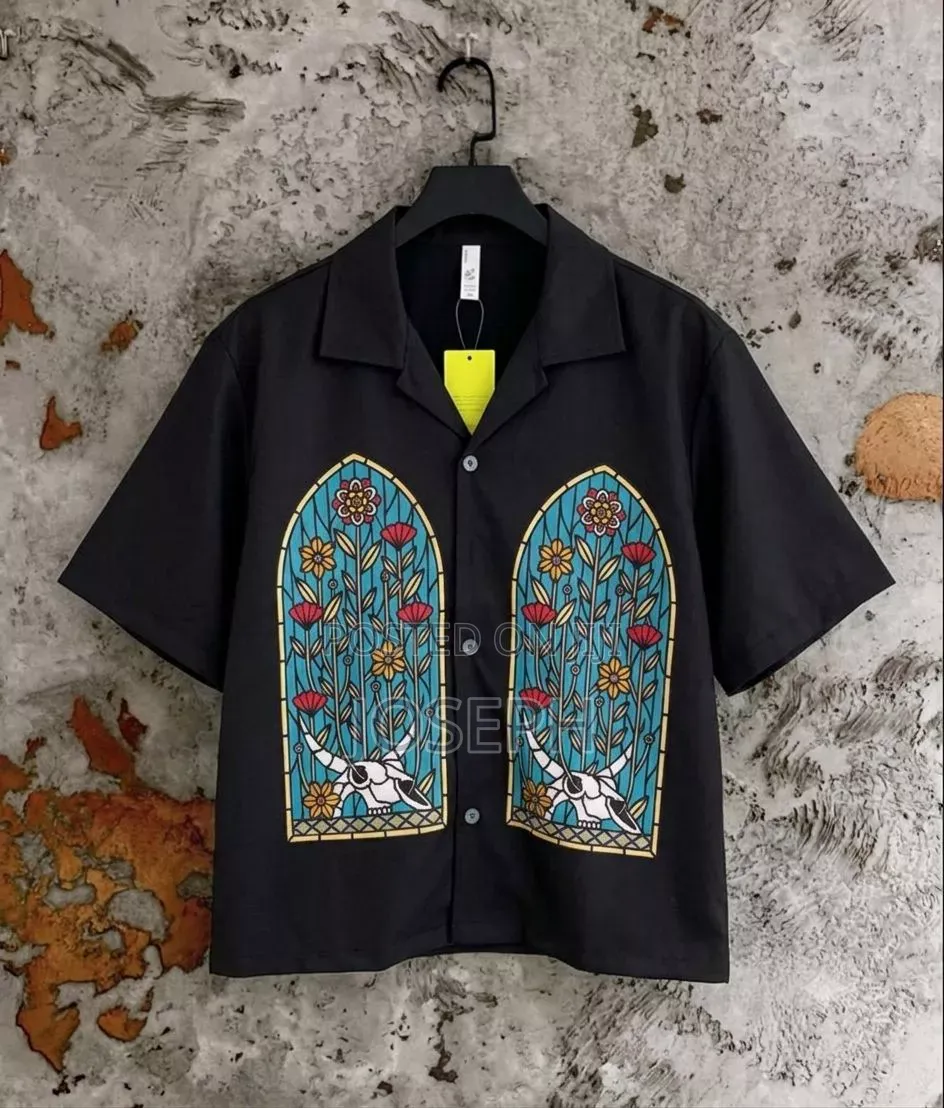 Black Short-Sleeve Button-Up Shirt With a Colorful Gothic-Style