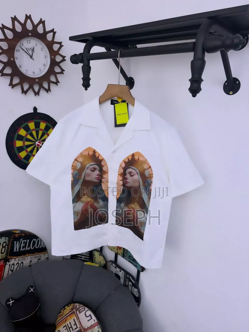 Black Short-Sleeve Button-Up Shirt With a Colorful Gothic-Style
