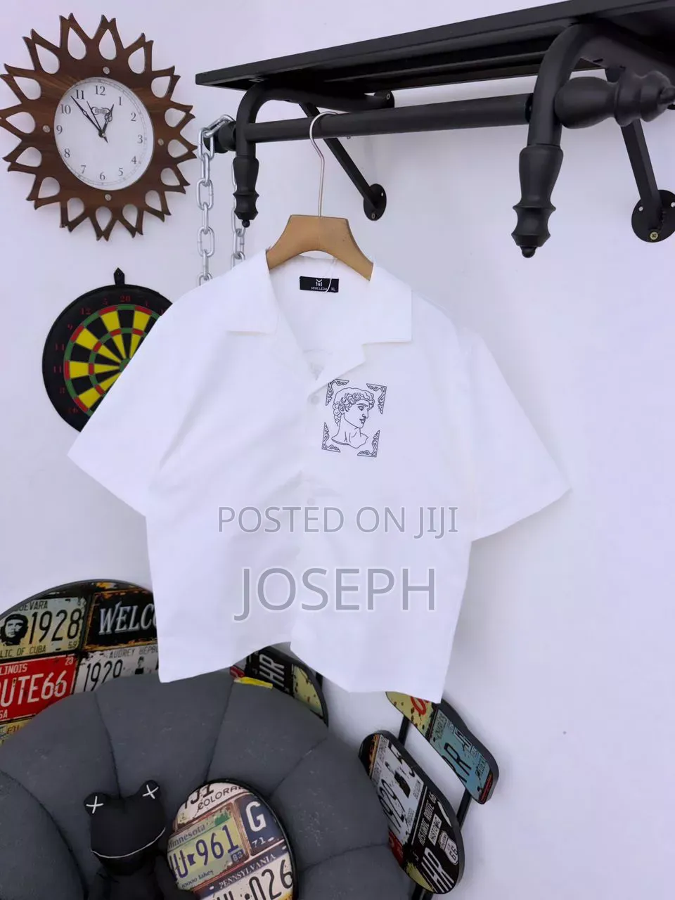 Black Short-Sleeve Button-Up Shirt With a Colorful Gothic-Style
