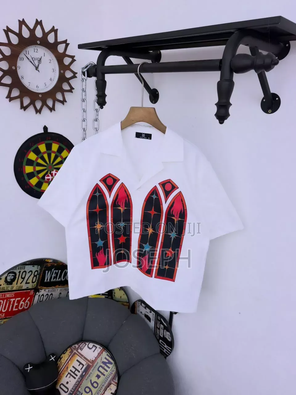 Black Short-Sleeve Button-Up Shirt With a Colorful Gothic-Style