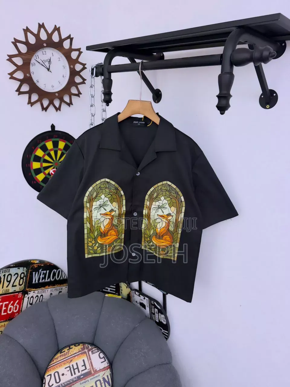 Black Short-Sleeve Button-Up Shirt With a Colorful Gothic-Style