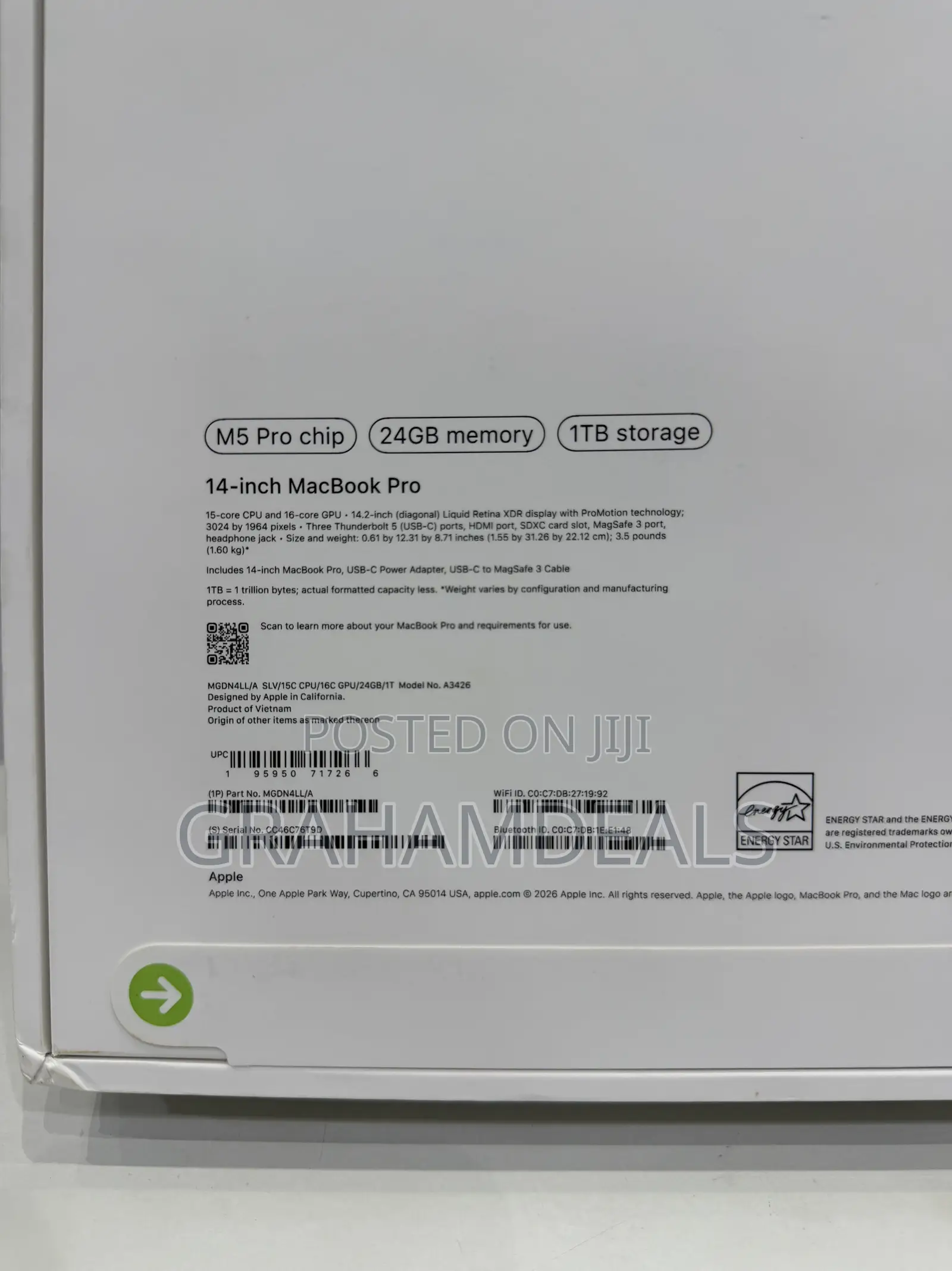 New Laptop Apple MacBook Pro 2026 M5 Pro 24GB Apple M5 Pro SSD 1T