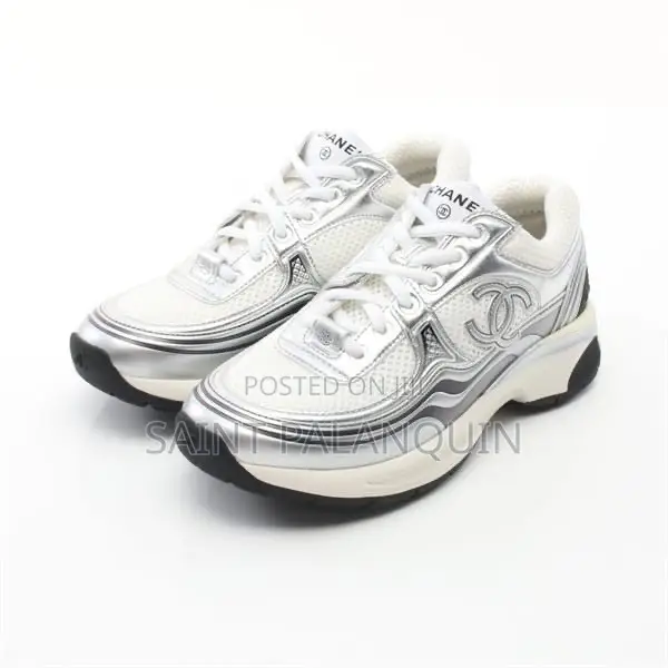 Channel White and Silver Fabric and Laminated Sneakers
