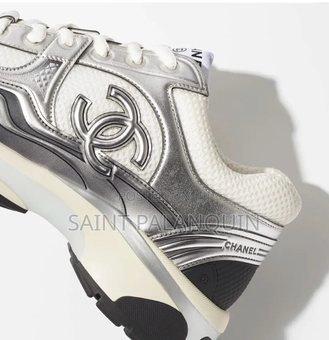 Channel White and Silver Fabric and Laminated Sneakers