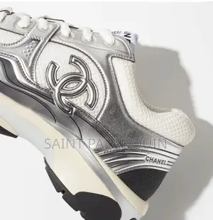 Channel White and Silver Fabric and Laminated Sneakers
