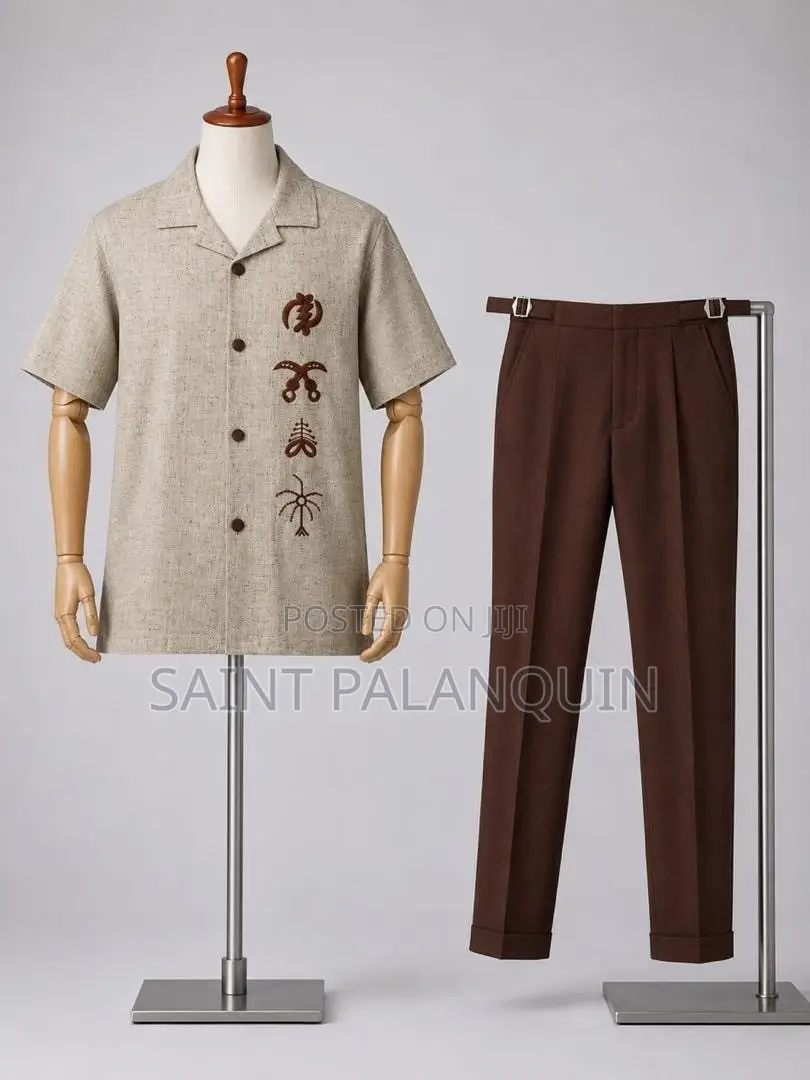 Resort-Collar Shirt With Dark Embroidery and Brown Cuffed Trousers