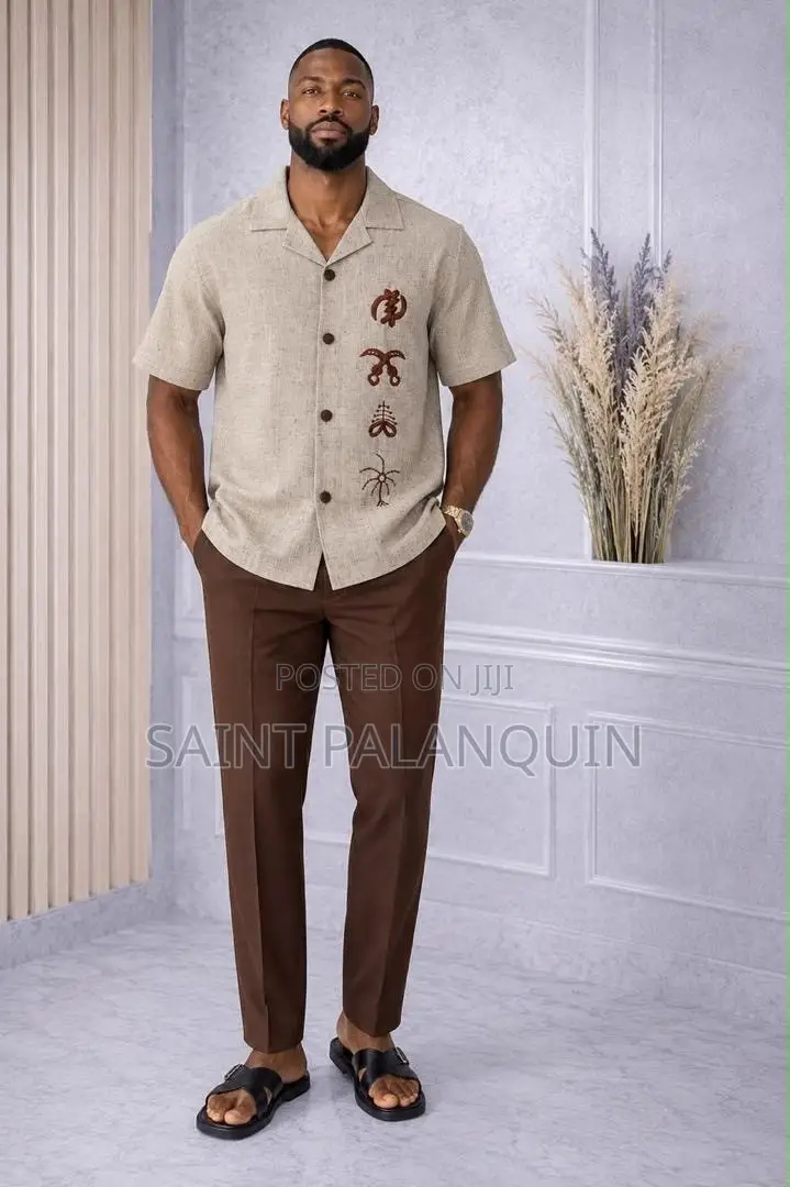 Resort-Collar Shirt With Dark Embroidery and Brown Cuffed Trousers