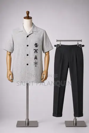 Men's Two-Piece Set Featurin a Light Grey Short-Sleeve Button-Up Shirt