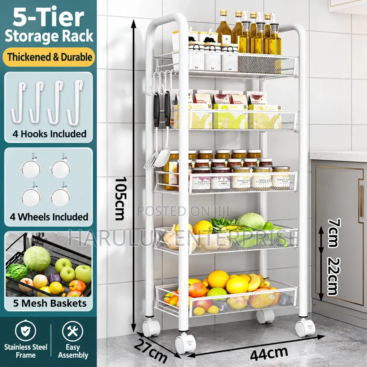 5-Tier Rolling Kitchen Storage Trolley Cart With Wheels (105x44x27cm)