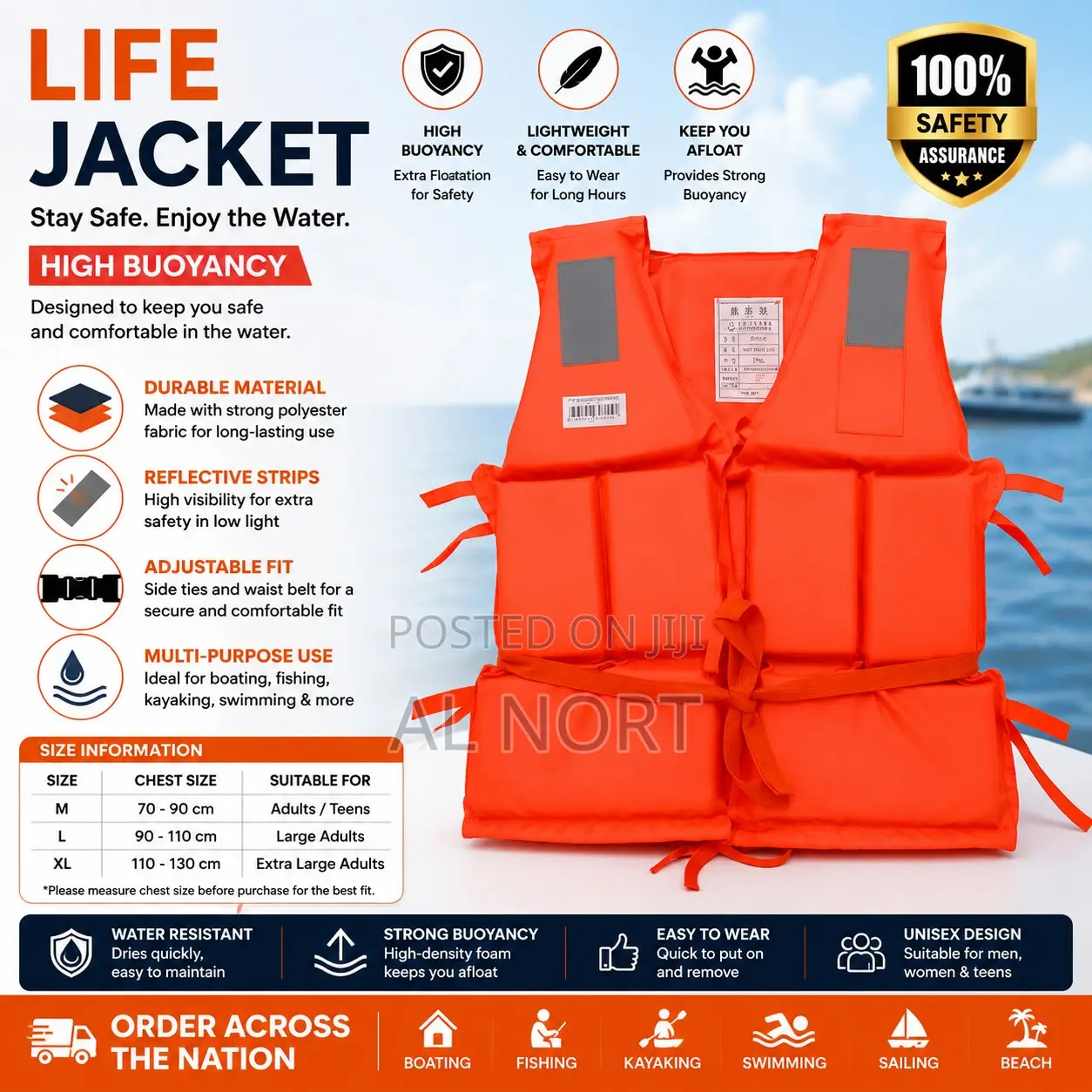 Adult Life Jacket – High Visibility Orange Safety Flotation Vest