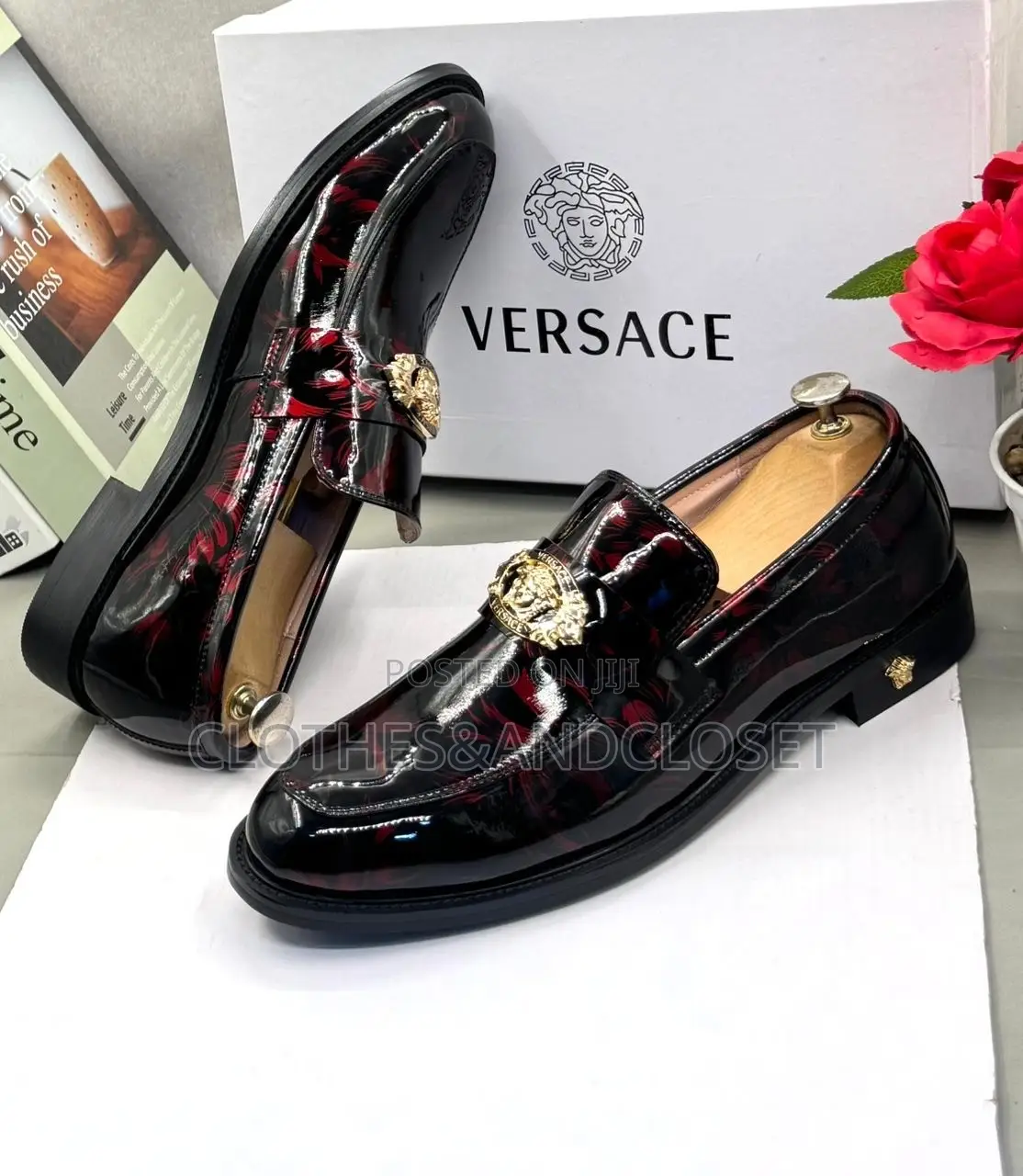 Glossy Black and Red Patent Leather Slip-on Loafers
