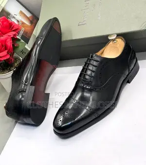 Black Leather Semi-Brogue Oxford Dress Shoes