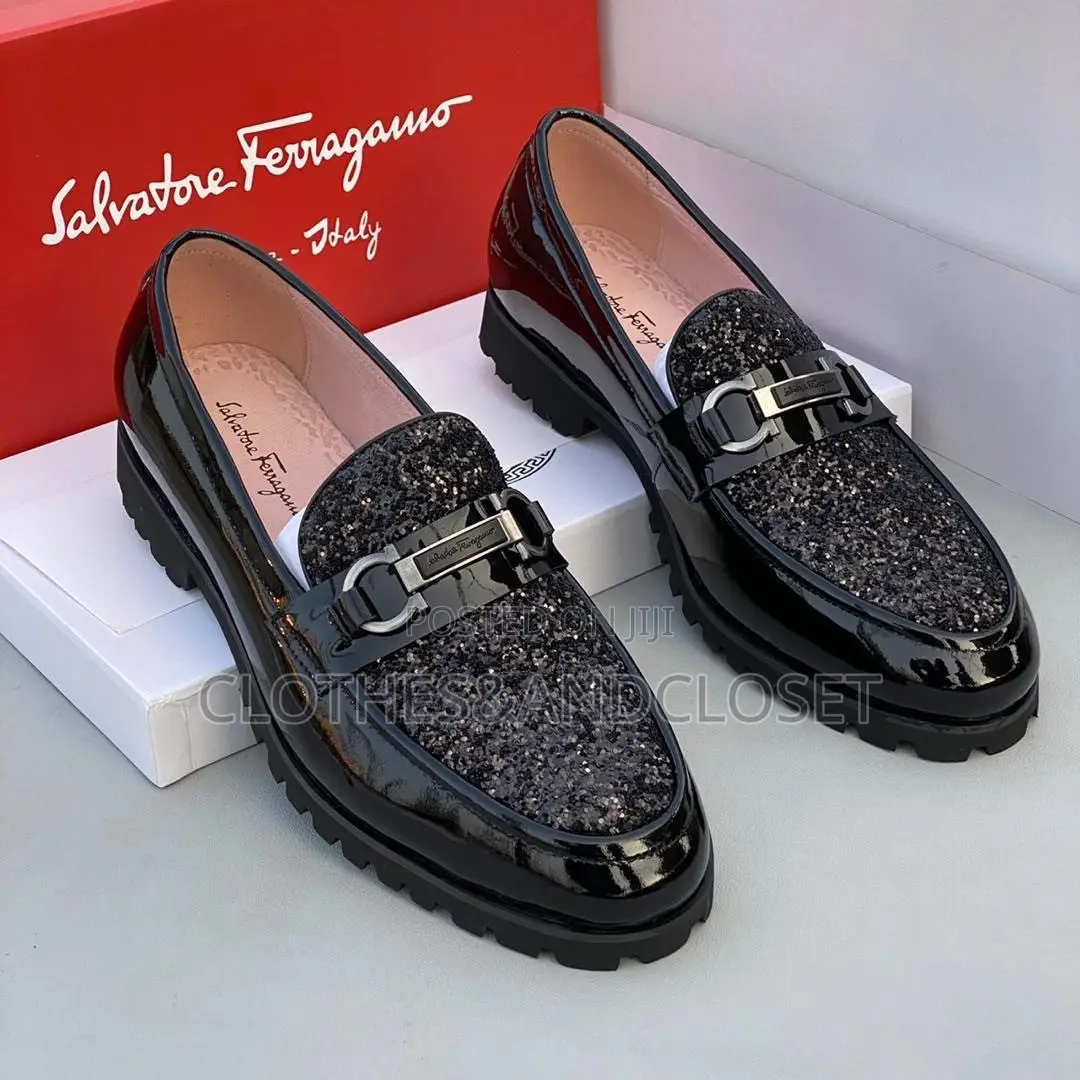 Black Leather Loafers Featuring a Sparkling Glitter Vamp