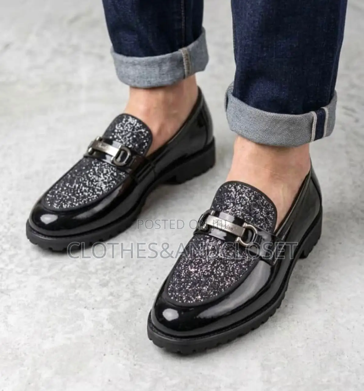 Black Leather Loafers Featuring a Sparkling Glitter Vamp