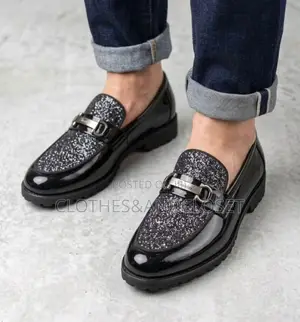 Black Leather Loafers Featuring a Sparkling Glitter Vamp