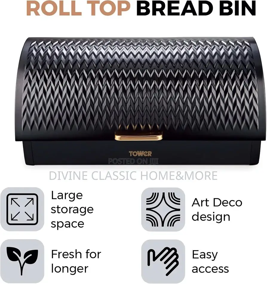 Tower Roll Top Bread Bin, Stainless Steel, Black and Brass, One Size