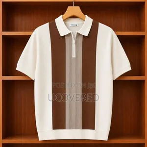 Short-Sleeved, Vertical Colorblock Knit Quarter-Zip Polo Shirt
