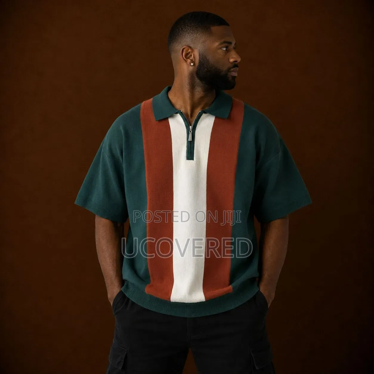 Short-Sleeved, Vertical Colorblock Knit Quarter-Zip Polo Shirt