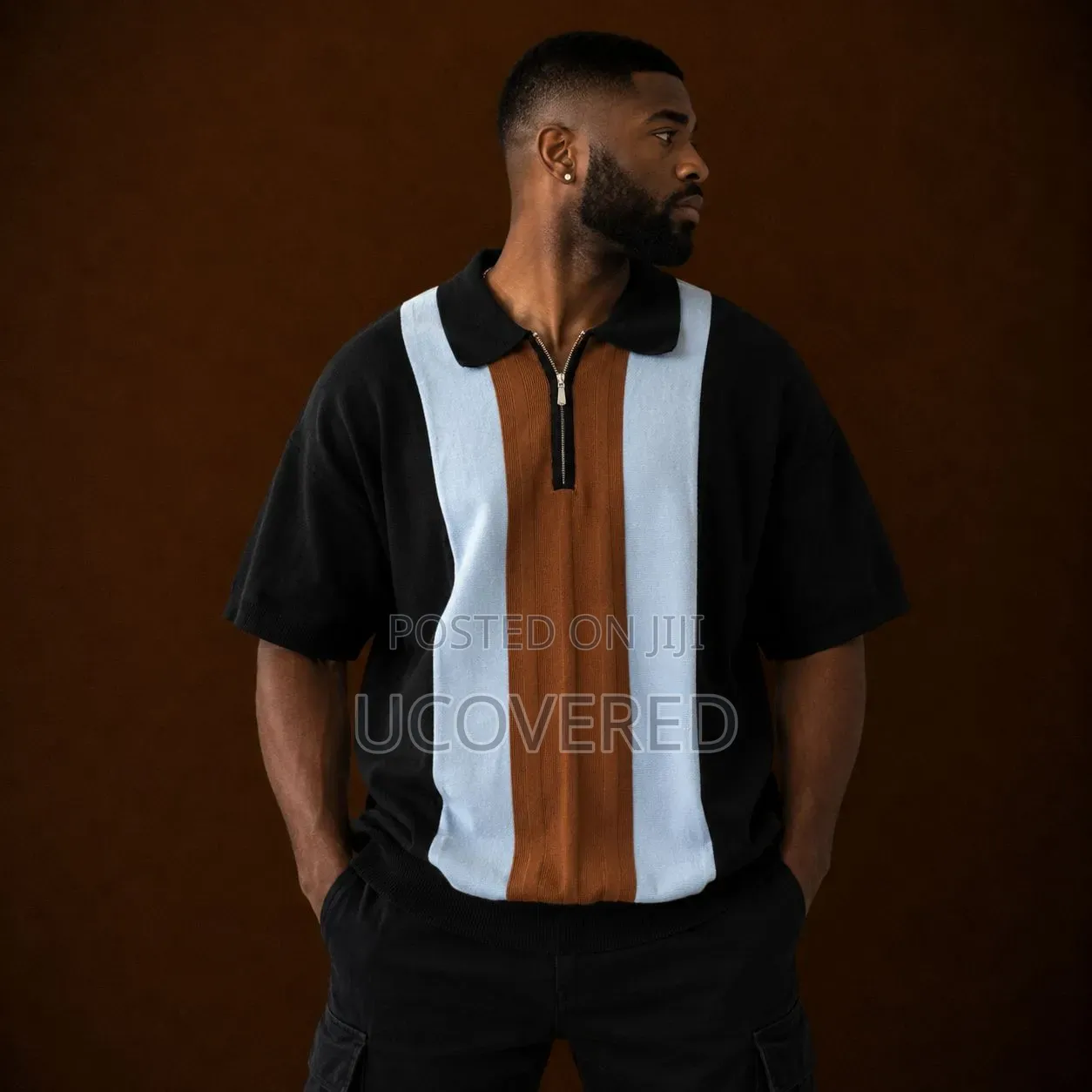 Short-Sleeved, Vertical Colorblock Knit Quarter-Zip Polo Shirt