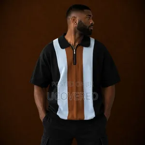 Short-Sleeved, Vertical Colorblock Knit Quarter-Zip Polo Shirt
