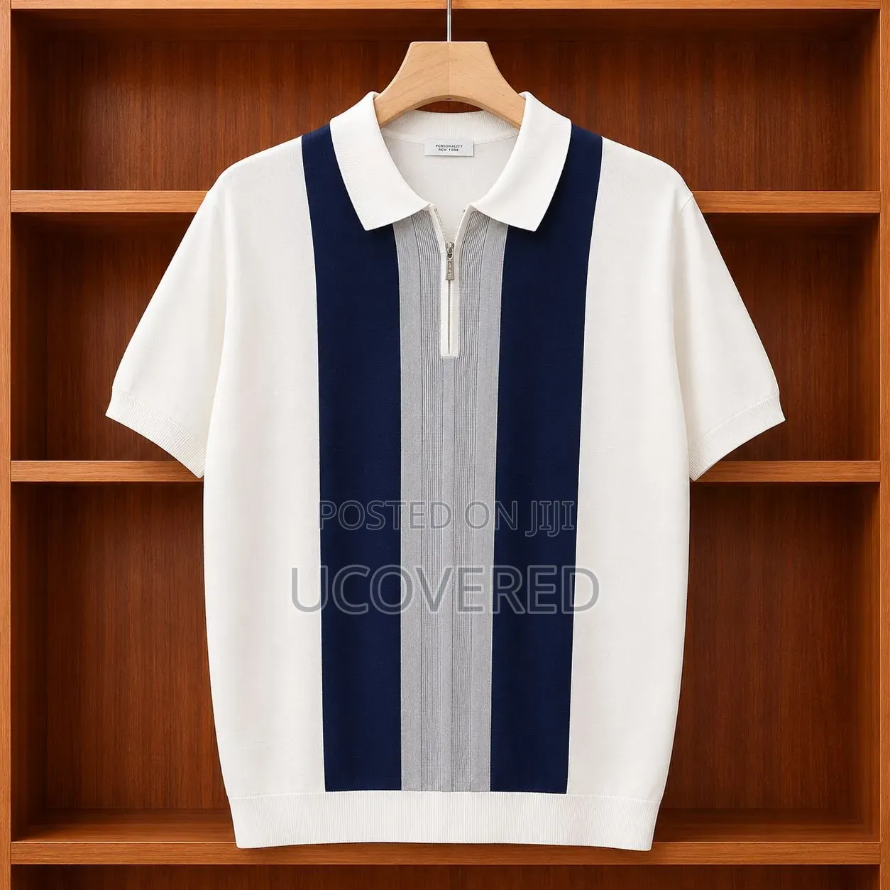 Short-Sleeved, Vertical Colorblock Knit Quarter-Zip Polo Shirt