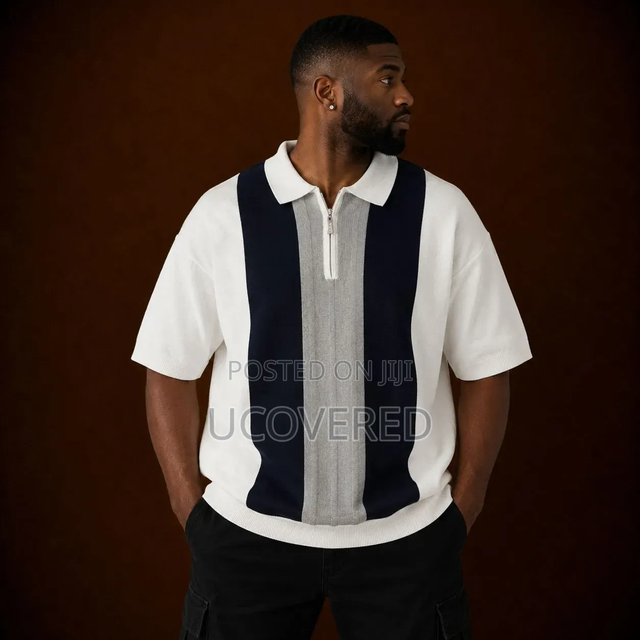 Short-Sleeved, Vertical Colorblock Knit Quarter-Zip Polo Shirt