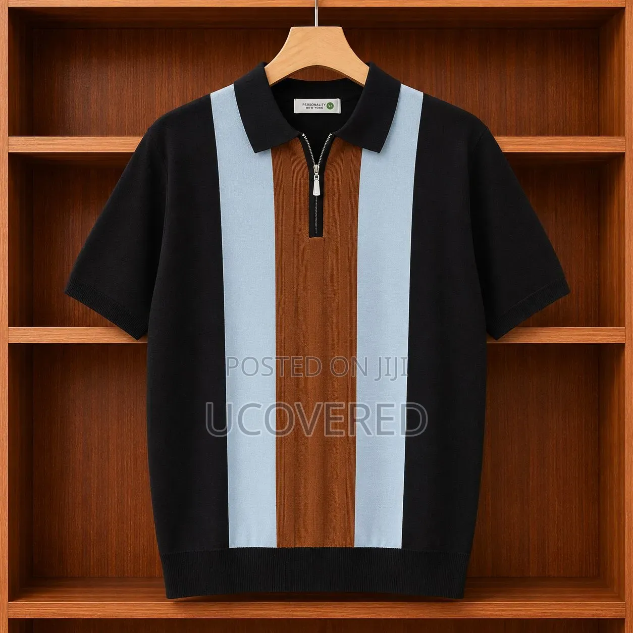 Short-Sleeved, Vertical Colorblock Knit Quarter-Zip Polo Shirt