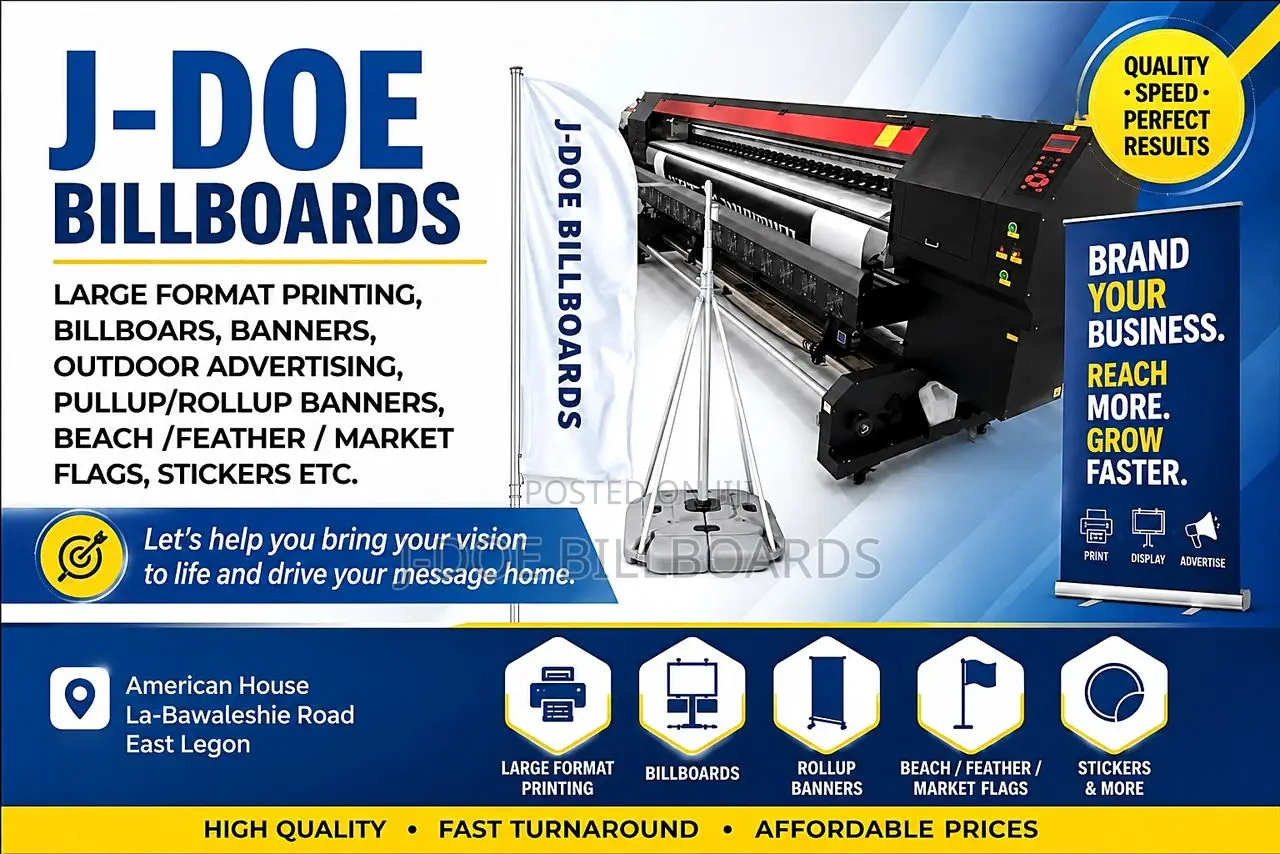 Large Format Printing, Billboards, Pullup Banners, Telescopic Flags.