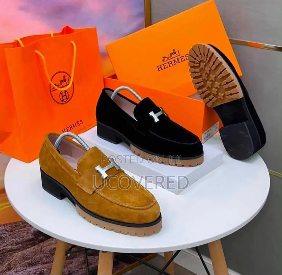 Mustard Yellow and Black Suede Hermès-Style Chunky Lug-Sole Loafers