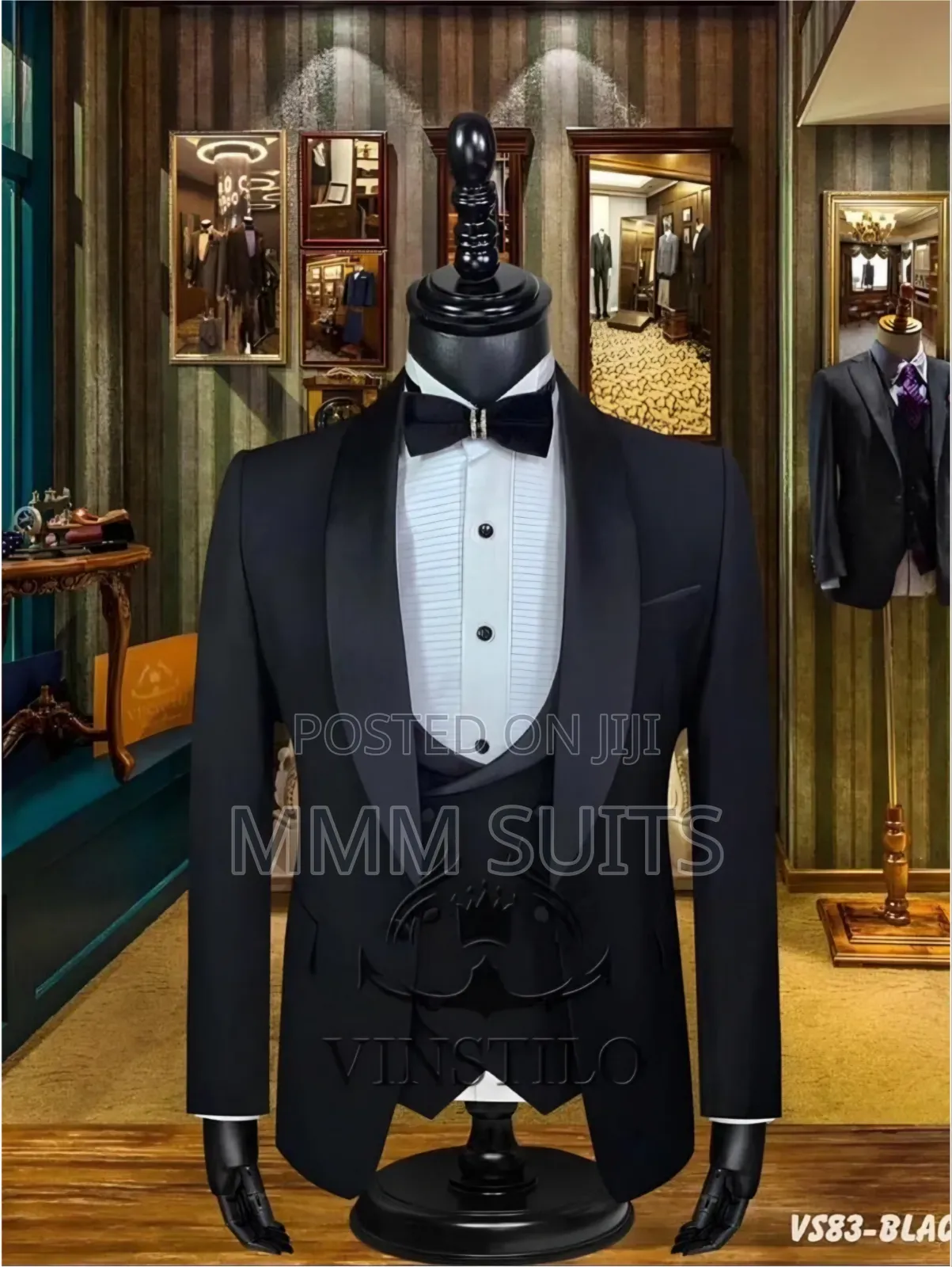 Classic and Stylish 3-Piece Tuxedo Men's Suit With Satin Lapel Black