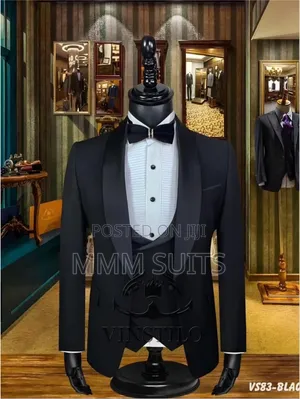 Classic and Stylish 3-Piece Tuxedo Men's Suit With Satin Lapel Black