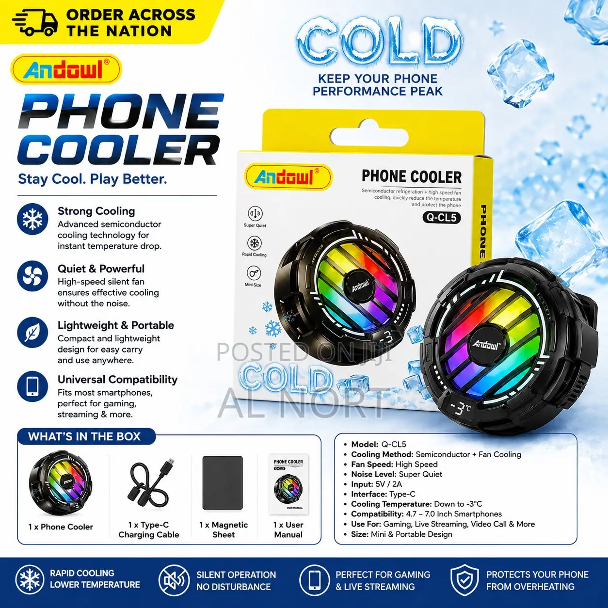 Andowl Q-Cl5 Phone Cooler – RGB Semiconductor Cooling Fan – Black