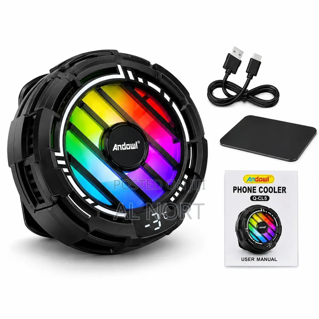 Andowl Q-Cl5 Phone Cooler – RGB Semiconductor Cooling Fan – Black