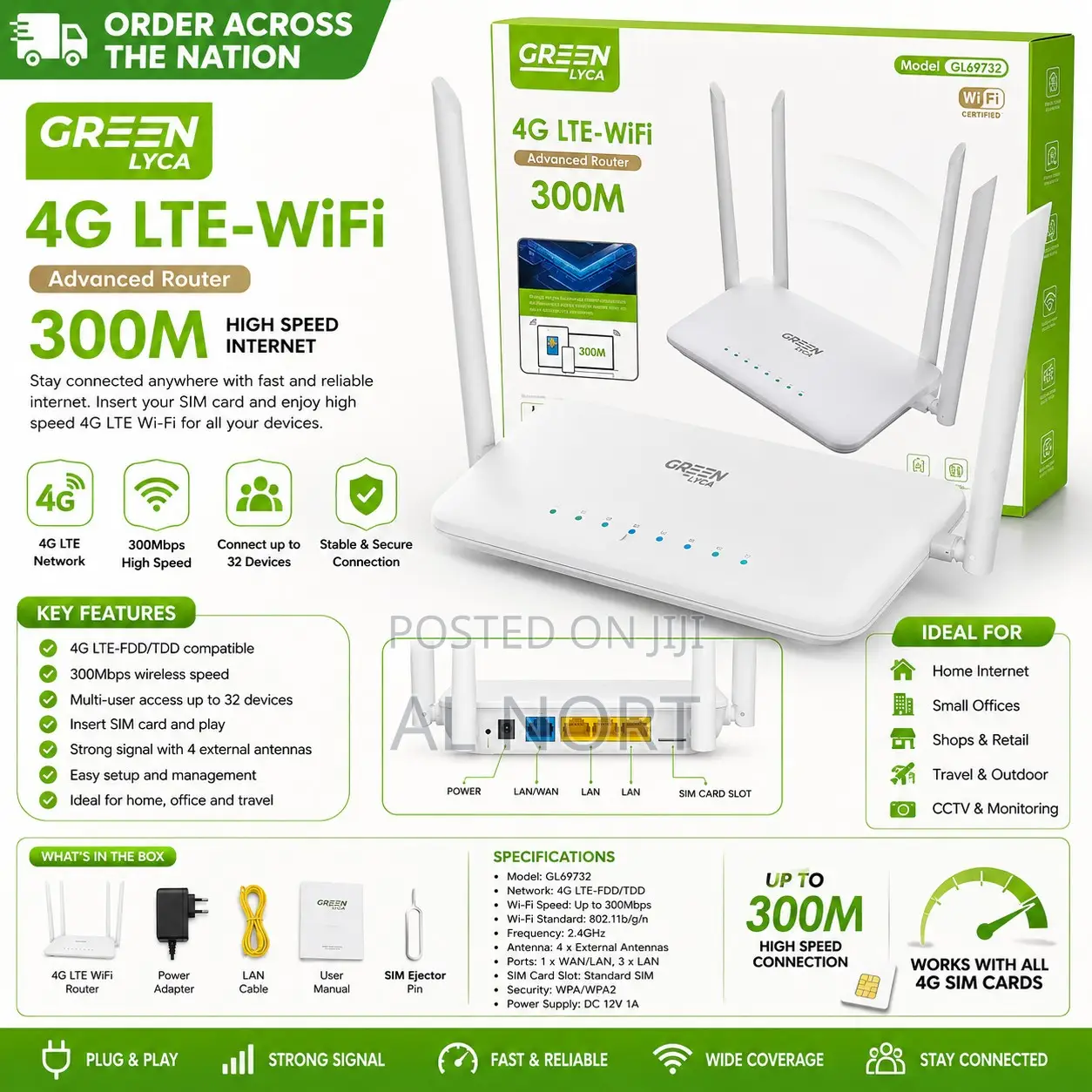 Green Lyca GL69732 4G LTE Wi-Fi Router – 300Mbps – White