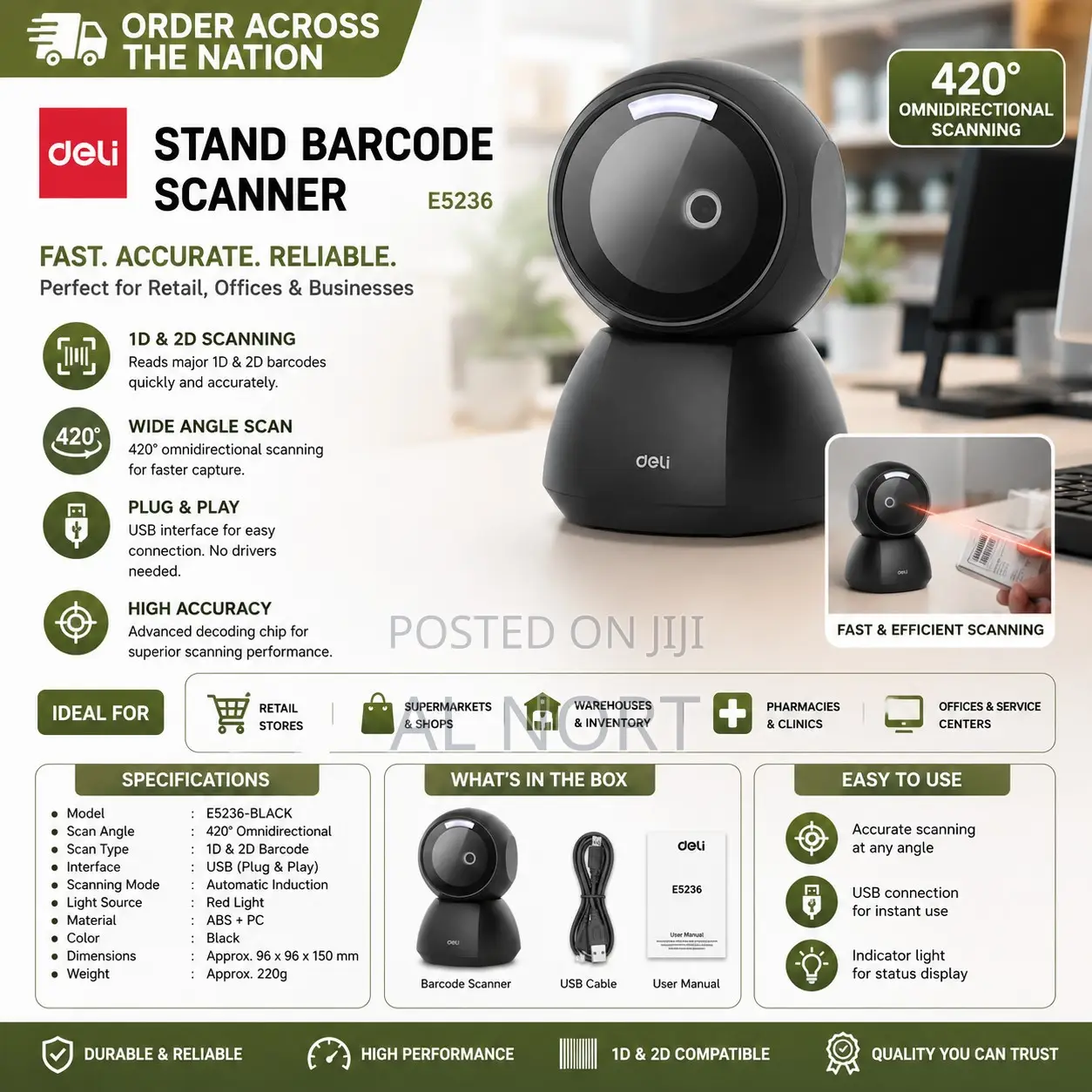 Deli E5236 Stand Barcode Scanner – Black
