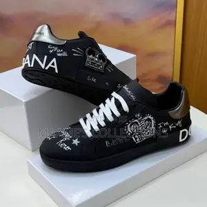 Dolce Gabbana Portofino Crown Graffiti Leather Sneakers.