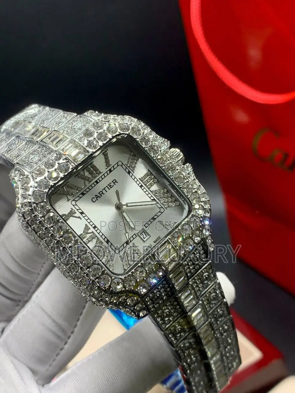 Cartier Santos - Full Iced Out - Gold With Rainbow Dial