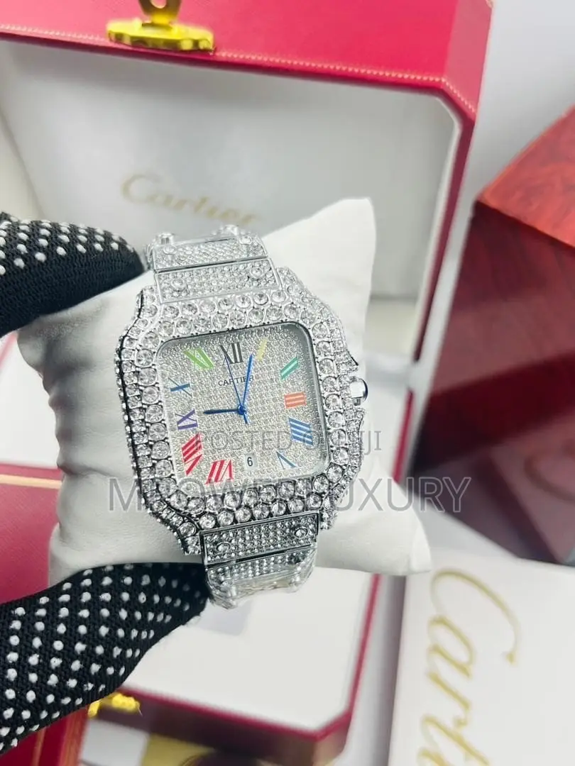 Cartier Santos - Full Iced Out - Gold With Rainbow Dial