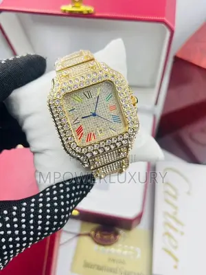 Cartier Santos - Full Iced Out - Gold With Rainbow Dial