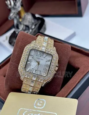Cartier Santos - Full Iced Out - Gold With Rainbow Dial
