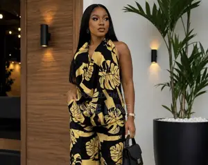 Black & Gold Leaf Print Jumpsuit Set – Ladies Wide-Leg Outfit