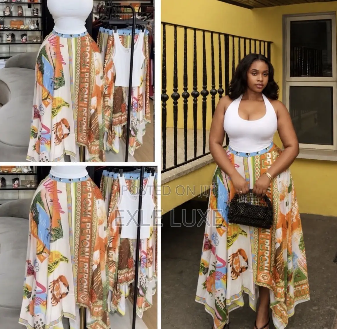 Vibrant Printed Skirt White Halter Top Set – Ladies Fashion