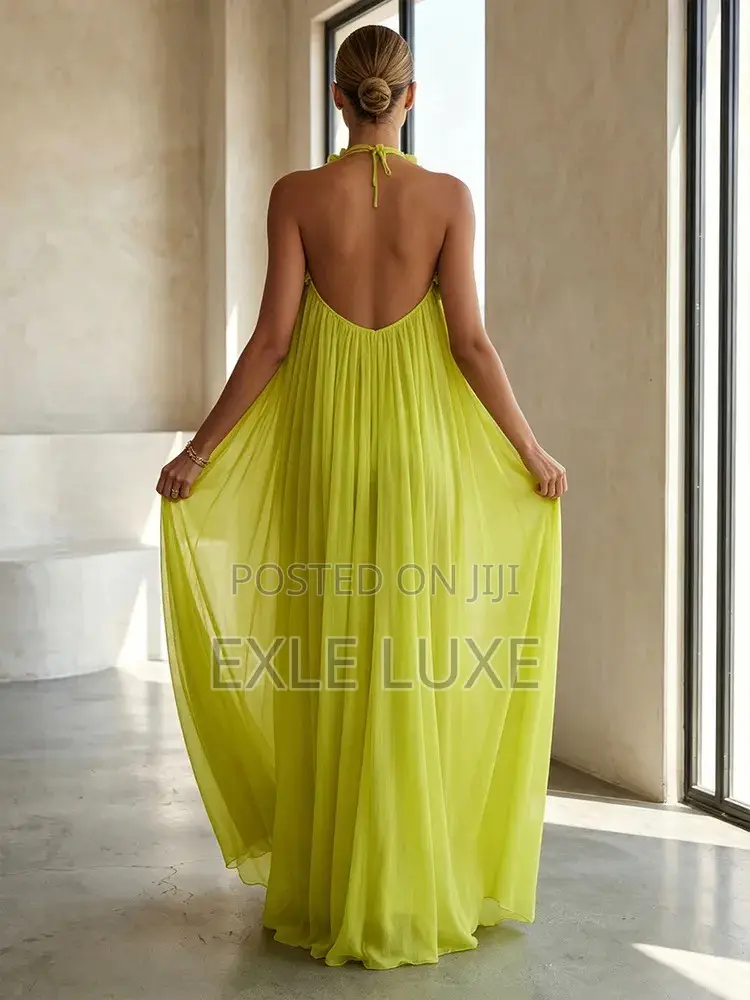 Bright Yellow Halter Neck Maxi Dress – Flowy Ladies Dress