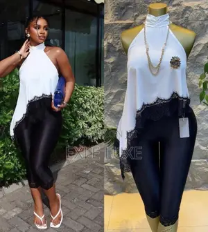 White Halter Top Black Capri Leggings Set – Ladies Two-Piece